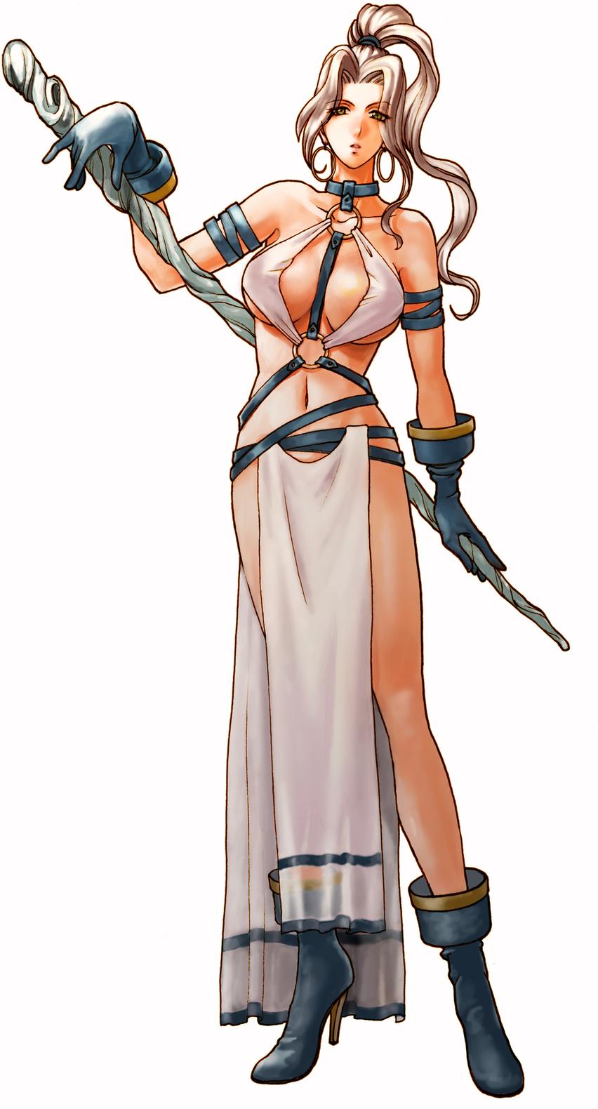 1girl, ankle_boots, bare_shoulders, between_breasts, boots, breasts, choker, cleavage