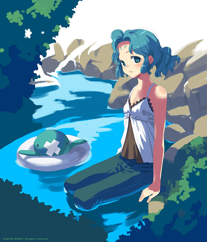 00s, 1girl, 2006, 53box, bare_shoulders, blush, bush, green_eyes, green_hair, innertube, original, pants, parted_lips, plant, sango_(53box), shirt, short_hair, sitting, sleeveless, sleeveless_shirt, solo, tree, water