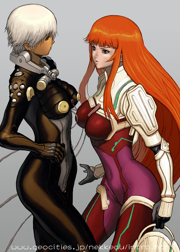 00s, 2girls, bodysuit, breasts, brown_eyes, dark_skin, dingo_egret, genderswap