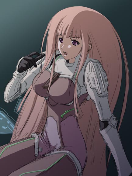 00s, 1girl, :o, arm_support, bangs, blunt_bangs, bodysuit, breasts