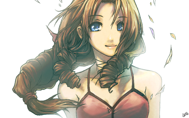 1girl, aerith_gainsborough, blue_eyes, brown_hair, final_fantasy, final_fantasy_vii, kheleksul, long_hair, simple_background, solo