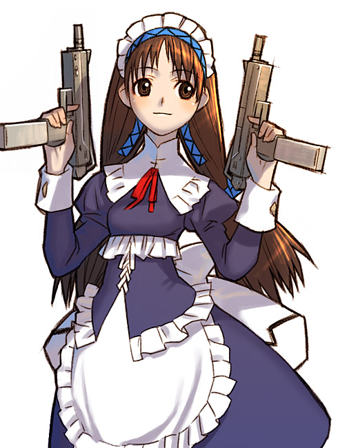 brown_eyes, brown_hair, combat_maid, dual_wielding, gun, hands_on_hips, long_hair, mac-10, maid, maidfuku_to_kikanjuu, sakamoto_mineji, simple_series, submachine_gun, the_maid-fuku_to_kikanjuu, weapon