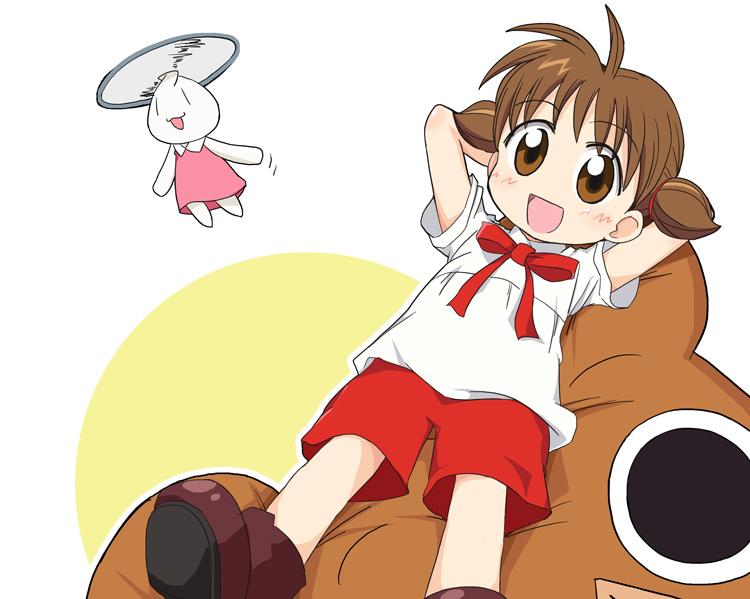 1girl, :d, animal_yokochou, bear, blush, brown_eyes, brown_hair, double_bun, floating, full_body, halo, ixy, iyo_(animal_yokochou), kenta_(animal_yokochou), lying, matsuzaki_ami, on_back, open_mouth, rabbit, ribbon, shirt, shoes, short_sleeves, shorts, simple_background, smile, solo, white_background, white_shirt