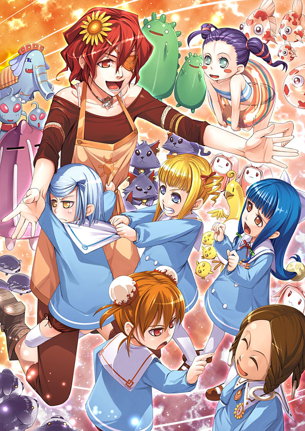 6+girls, animal, benimura_karu, blonde_hair, blue_eyes, blue_hair, blush_stickers, braid, brown_eyes, brown_hair, cat, child, closed_eyes, collar_pull, double_bun, drill_hair, elephant, eyepatch, fish, flower, green_eyes, hair_flower, hair_ornament, hair_ribbon, hug, karukaru, kindergarten, kindergarten_teacher, kindergarten_uniform, laughing, light_blue_hair, multiple_girls, open_mouth, orange_hair, pointing, purple_hair, red_eyes, ribbon, shirt_pull, smile, threatening, twin_braids, twin_drills, twintails, yellow_eyes
