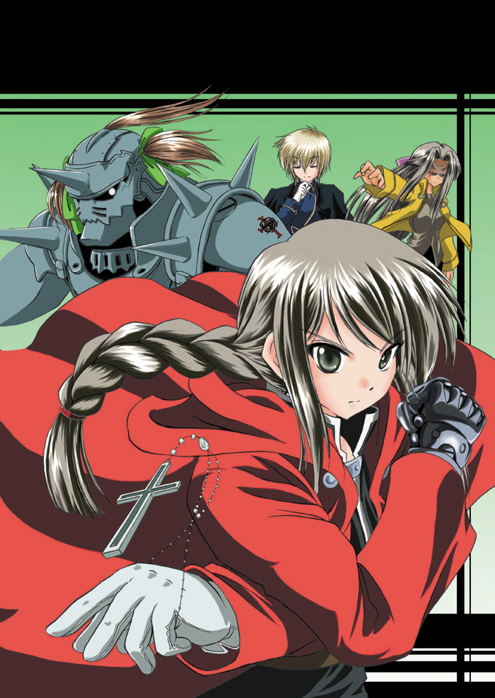 4girls, alphonse_elric, alphonse_elric_(cosplay), armor, braid, brown_eyes, brown_hair, closed_eyes
