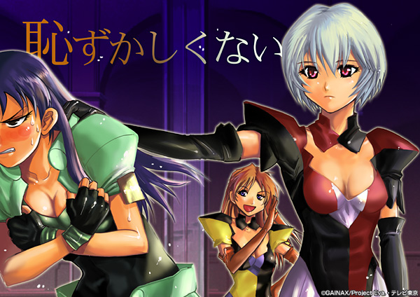 3girls, ayanami_rei, blue_eyes, blue_hair, blush, breasts, cleavage, cosplay, crossover, elbow_gloves, elgala, elgala_(cosplay), embarrassed, excel, excel_saga, gainax, gainaxtop, gloves, humiliation, hyatt, hyatt_(cosplay), katsuragi_misato, long_hair, mitsuishi_kotono, mitsuishi_kotono_(cosplay), multiple_girls, neon_genesis_evangelion, parody, purple_hair, red_eyes, redhead, rikudou_koushi, seiyuu_connection, short_hair, souryuu_asuka_langley, translated