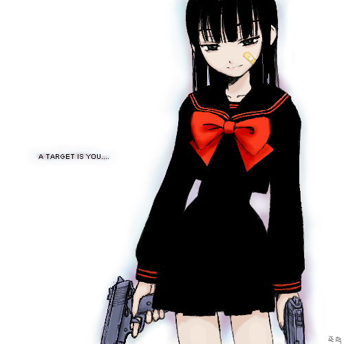1girl, bandaid, bandaid_on_face, bangs, black_hair, black_serafuku, blue_eyes, blunt_bangs