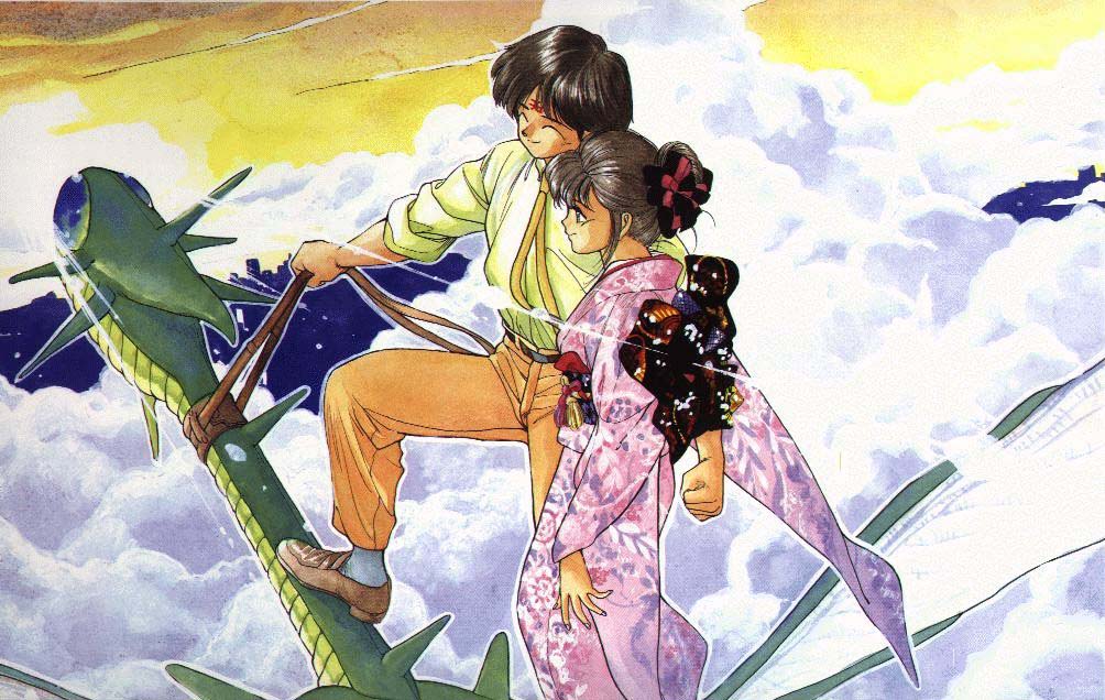 1boy, 1girl, 3x3_eyes, ayanokoji_pai, ayanokouji_pai, black_hair, fujii_yakumo, japanese_clothes