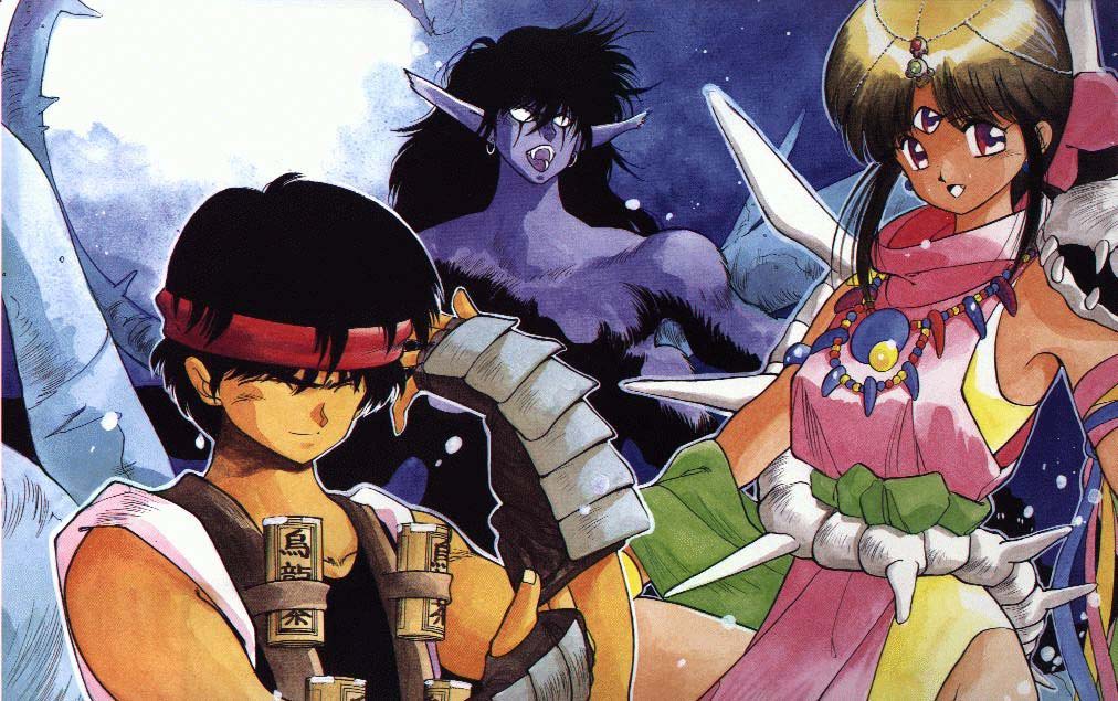 1girl, 2boys, 3x3_eyes, ayanokoji_pai, ayanokouji_pai, black_hair, fujii_yakumo, gauntlets