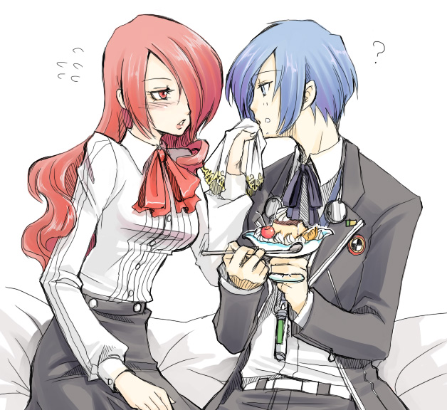 1boy, 1girl, ?, arisato_minato, atlus, blue_eyes, blue_hair, blush, bow, couple, digital_media_player, food, hair_over_one_eye, headphones, hetero, hirose_wataru, kirijou_mitsuru, kitaro, komine_minamo, long_hair, persona, persona_3, red_eyes, redhead, ribbon, school_uniform, serafuku, short_hair, yuuki_makoto