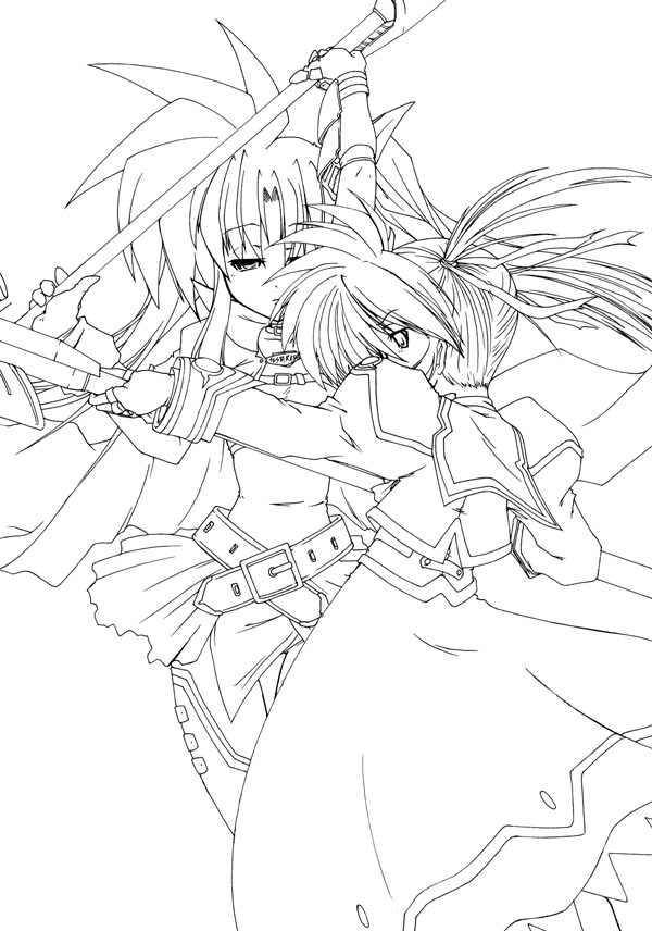2girls, 45acp, arms_up, bardiche, belt, buckle, cape, fate_testarossa