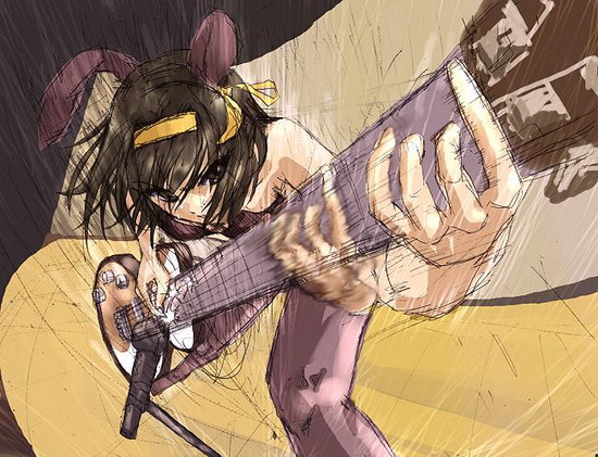 1girl, animal_ears, brown_hair, bunnysuit, duplicate, god_knows, guitar, haru_(primavera), instrument, music, pantyhose, rabbit_ears, short_hair, sketch, solo, suzumiya_haruhi, suzumiya_haruhi_no_yuuutsu