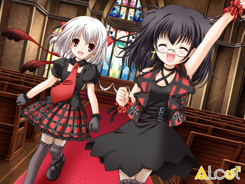 2girls, black_hair, blush, brown_eyes, church, closed_eyes, cross, dress