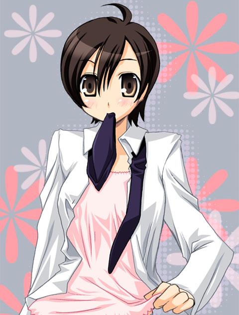 1girl, ahoge, blush, brown_eyes, brown_hair, cropped, dress_shirt, exif_thumbnail_surprise
