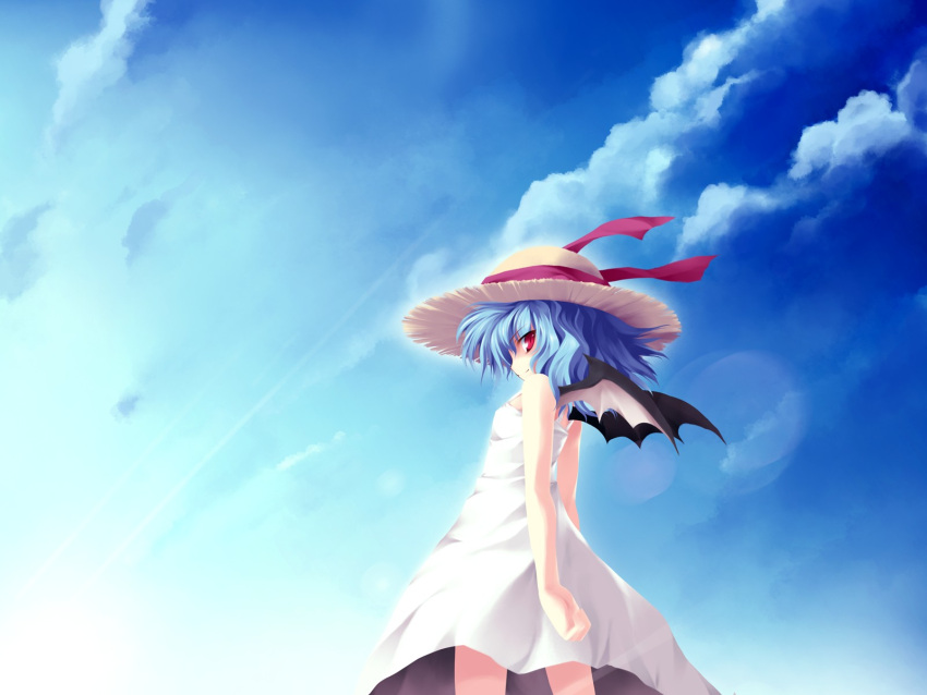 1girl, alternate_costume, arms_behind_back, bat_wings, blue_hair, dress, female, hat