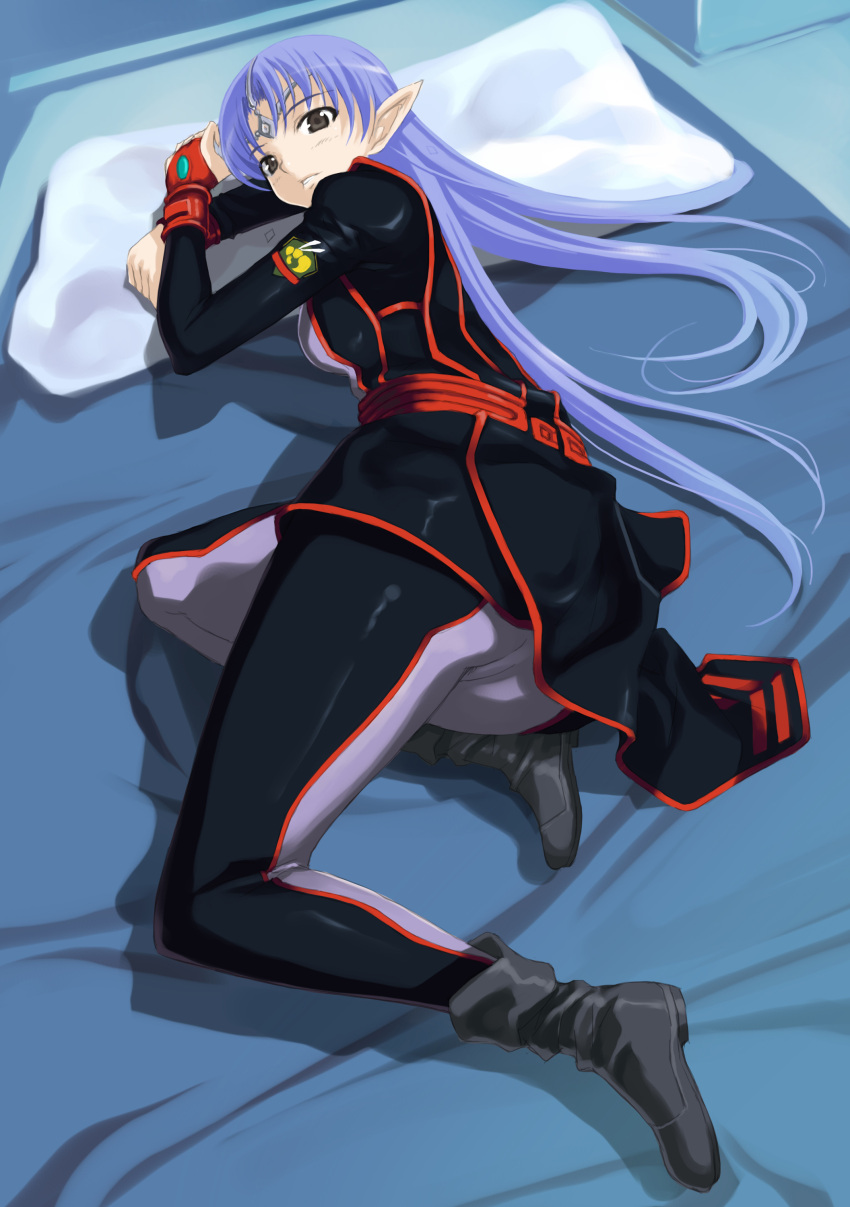 1girl, absurdres, ass, bed, blue_hair, bodysuit, boots, circlet, crown, elf, fingerless_gloves, gloves, grey_eyes, highres, lafiel, long_hair, looking_back, lying, mikazuki_akira!, on_side, pillow, pointy_ears, seikai_no_senki, skirt, solo, spandex, torrent, trimoon, uniform