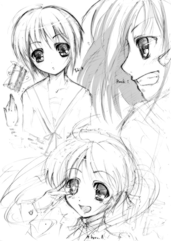 3girls, :d, ahoge, asahina_mikuru, bangs, character_name, eyebrows, eyebrows_visible_through_hair