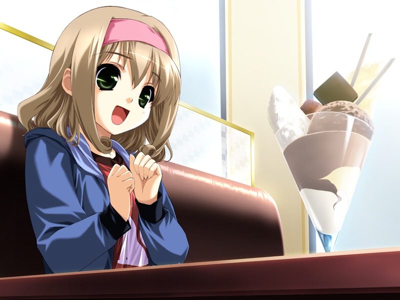 1girl, :d, boy_meets_girl, brown_hair, game_cg, green_eyes, hairband, jacket