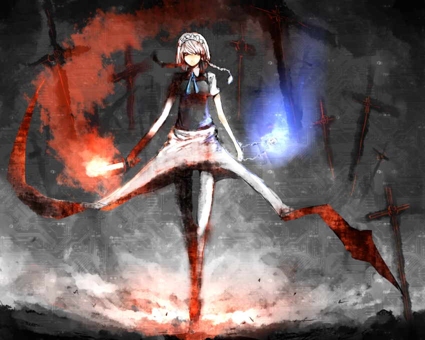 blame!, braid, circuit_board, cross, highres, izayoi_sakuya, knife, maid