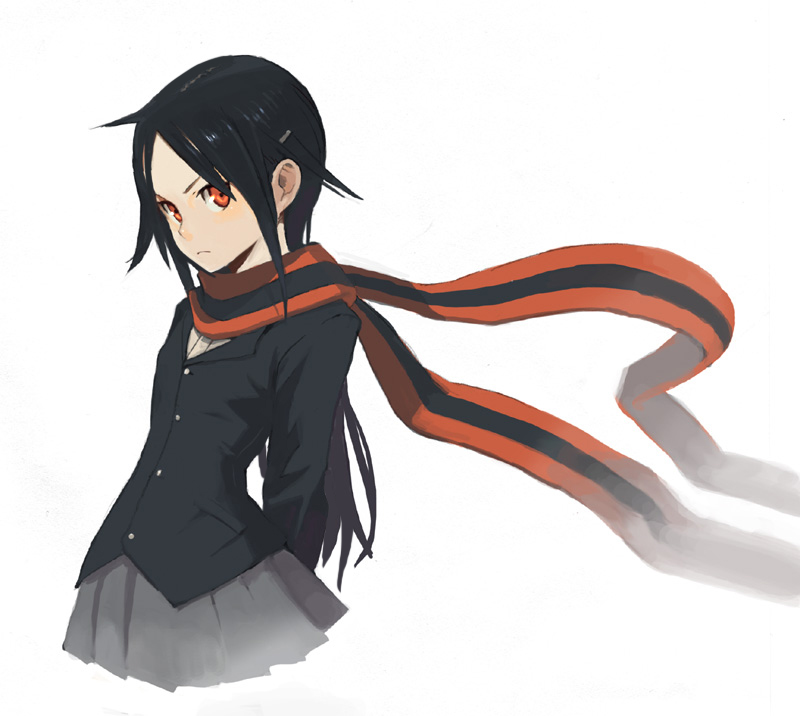 artist_request, black_hair, highlights, long_hair, multicolored_hair, original, red_eyes, scarf, skirt, uniform, yarizakura_hime, yozakura_quartet