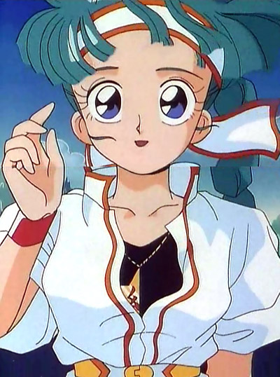 1girl, green_hair, mashin_eiyuuden_wataru, mashin_eiyuuden_wataru_2, older, oldschool, outdoors, screencap, shinobibe_himiko, sky, solo