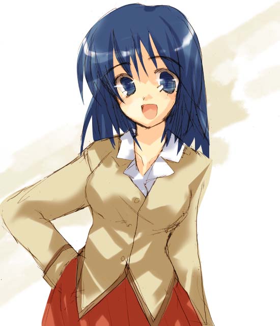 00s, 1girl, blue_eyes, blue_hair, hand_on_hip, open_mouth, school_rumble, school_uniform
