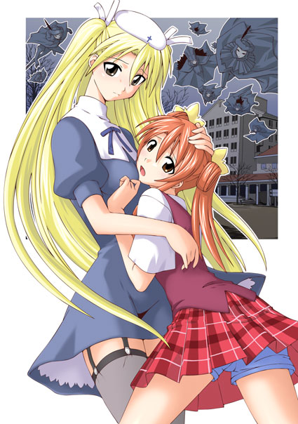 mahou_sensei_negima!, mikagami_sou, plaid, plaid_skirt, sakura_mei, shorts, skirt, takane_d_goodman