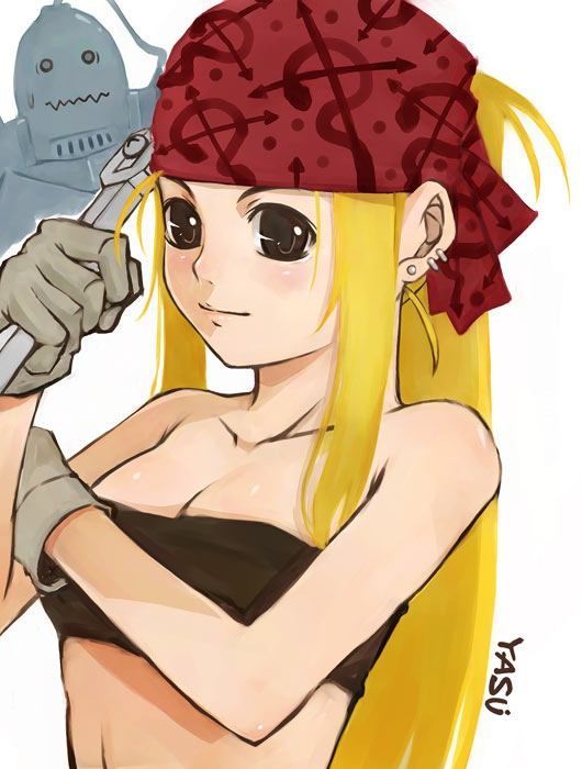 00s, 1boy, 1girl, alphonse_elric, armor, bandanna, bandeau, blonde_hair, breasts, brown_eyes, cleavage, earrings, fullmetal_alchemist, gloves, jewelry, mechanic, ponytail, simple_background, strapless, tomboy, tubetop, winry_rockbell, wrench, yokoyama_yasushi