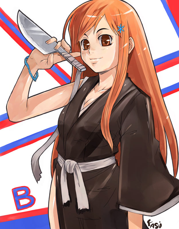 1girl, bleach, bracelet, brown_eyes, cosplay, inoue_orihime, japanese_clothes, jewelry