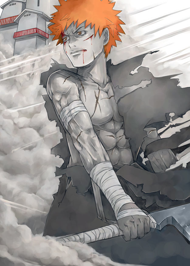 1boy, bandage, bleach, blood, blood_on_face, dust, kurosaki_ichigo, male_focus
