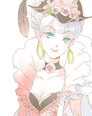 1girl, blue_eyes, cape, choker, dress, earrings, flower, frilled_dress, frills, gensou_suikoden, gensou_suikoden_v, hair_up, jerry_(artist), jewelry, josephine, josephine_(suikoden), lowres, pink_dress, pink_rose, rose, silver_hair, solo
