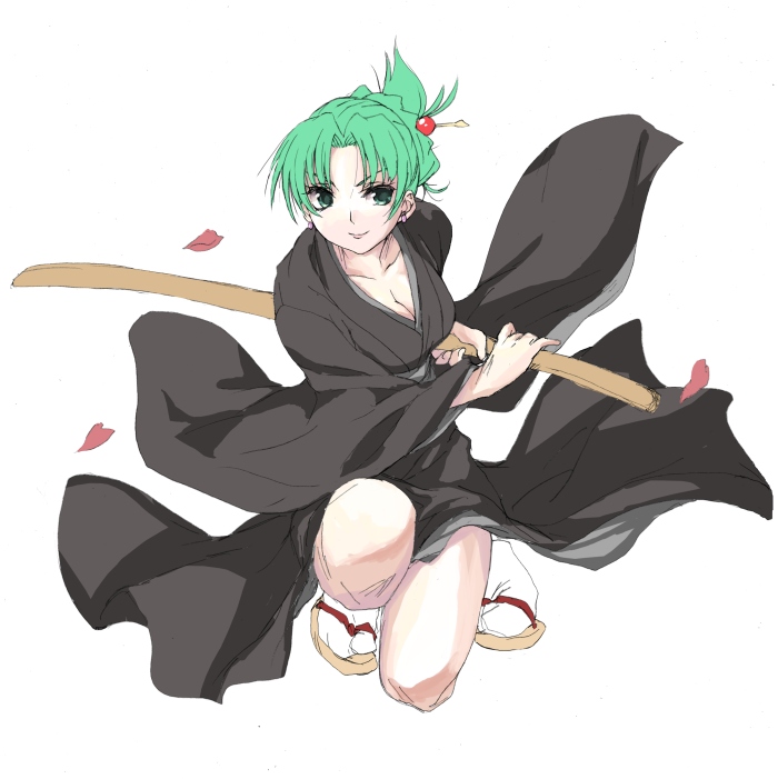1girl, earrings, green_eyes, green_hair, higurashi_no_naku_koro_ni, japanese_clothes, jewelry, katana
