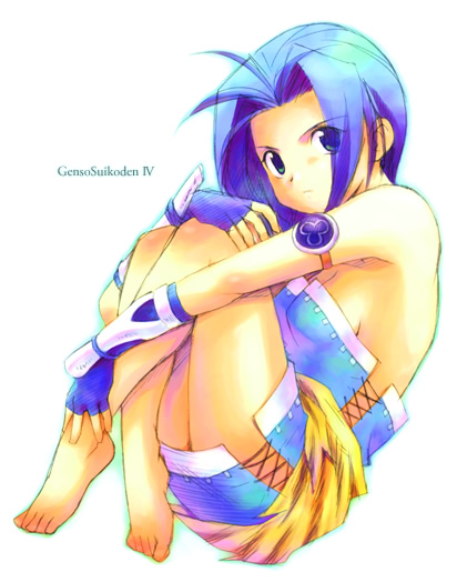 1girl, armband, armpits, bannou_negi, blue_hair, breasts, copyright_name, expressionless