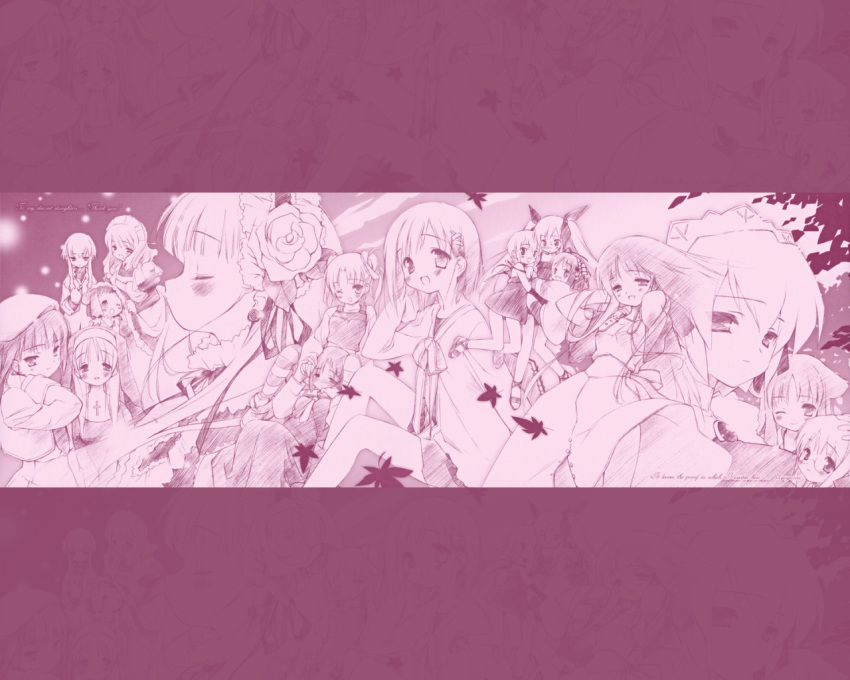 6+girls, beret, blush, character_request, closed_eyes, crossover, everyone, flower, gayarou, glasses, hair_flower, hair_ornament, hat, kotonomiya_yuki, kousaka_alice, kousaka_maria, leaf, maid, makino_nanami, miyashiro_karin, monochrome, multiple_girls, nun, one_eye_closed, patterned_legwear, purple, rose, shinjou_izumi, striped, striped_legwear, suigetsu, thigh-highs, twintails, wallpaper, wink, yamato_suzuran