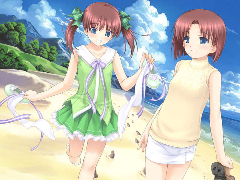 2girls, barefoot, beach, blue_eyes, brown_hair, footprints, game_cg, holding