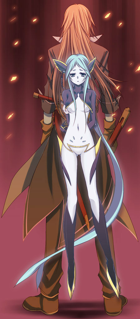1girl, aqua_(tales_of_symphonia), back-to-back, blue_eyes, blue_hair, long_hair, male, red_hair