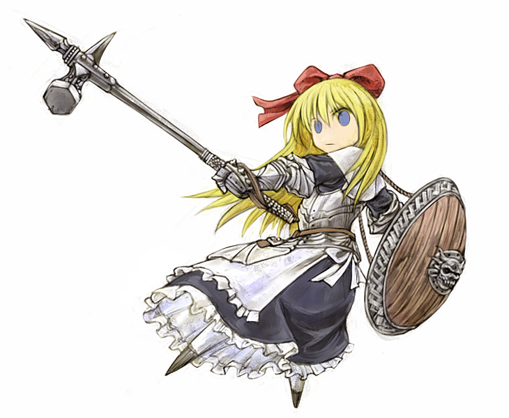 armored_dress, blonde_hair, blue_eyes, cervus, cervus_(pixiv490295), gauntlets, hammer, polearm, ribbon, ribbons, shanghai, shanghai_doll, shield, solo, touhou, weapon