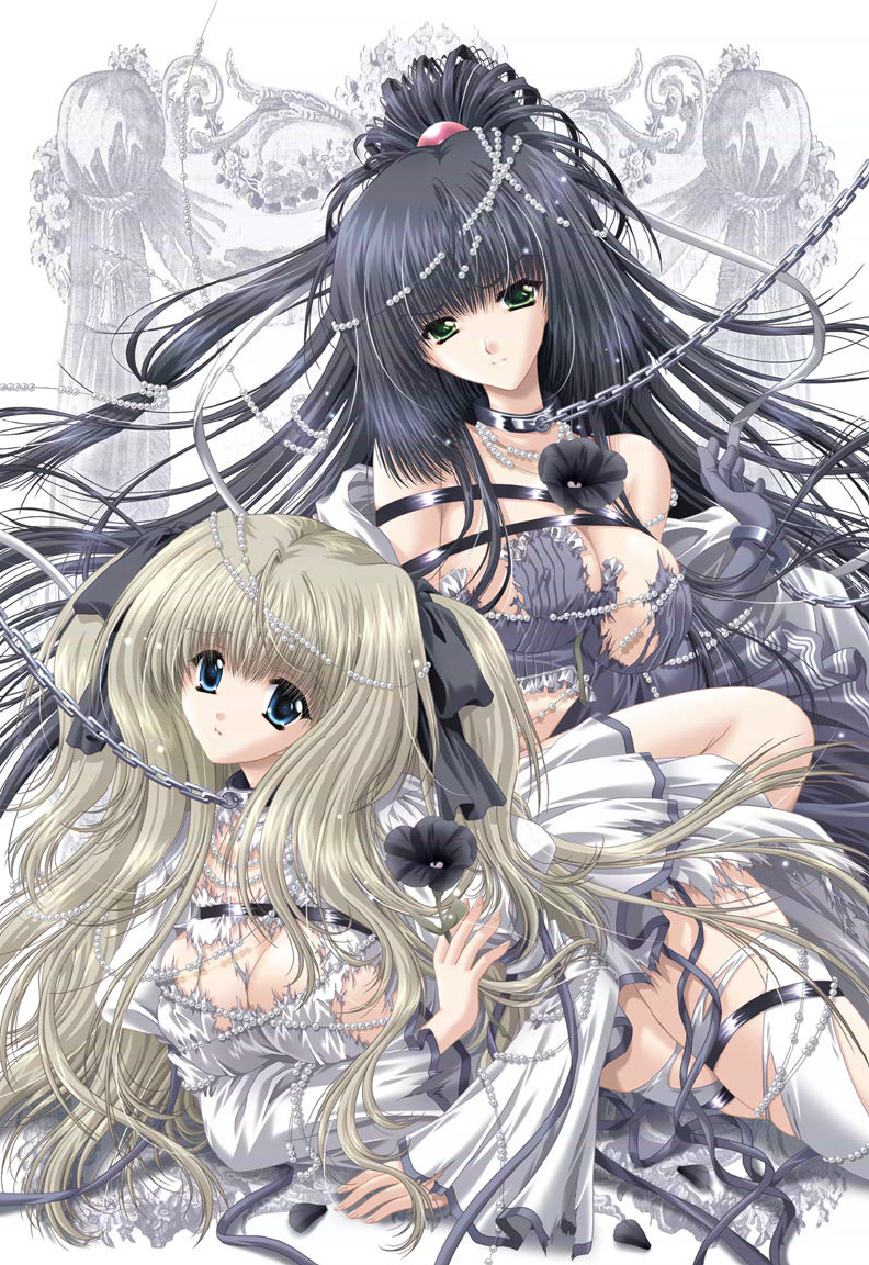 2girls, akira_(usausa), black_hair, blonde_hair, blood_royal, blue_eyes, breasts, chains