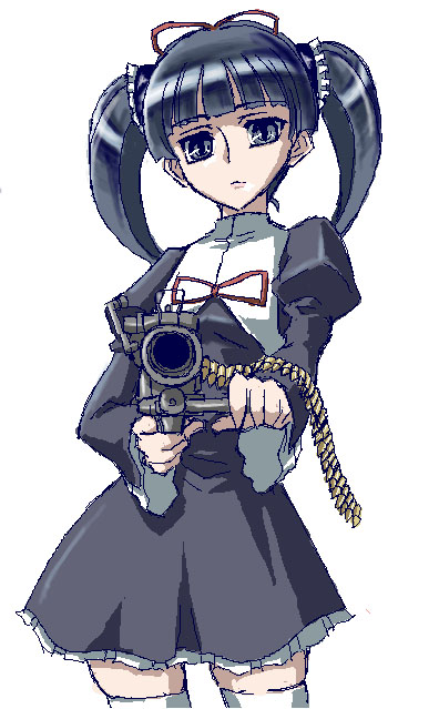 1girl, aiming_at_viewer, ammunition_belt, coyote_ragtime_show, gun, holding, holding_gun, holding_weapon