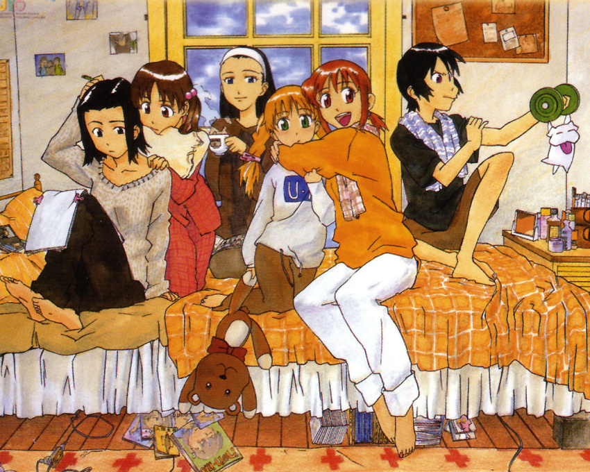 6+girls, 90s, bed, bedroom, black_hair, blonde_hair, blue_eyes, brown_hair