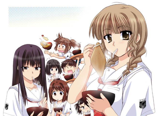 6+girls, ^_^, ^o^, blush, bowl, braid, brown_eyes, brown_hair