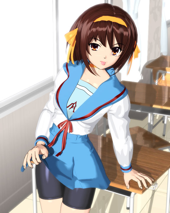 1girl, 3d, :p, bike_shorts, brown_hair, classroom, desk, name_(nahopa!)