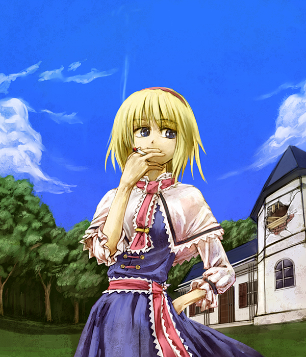 bad_id, blonde_hair, blue_eyes, cervus, cervus_(pixiv490295), cigarette, damage, damaged, dress, hairband, smoking, tie_bar, touhou