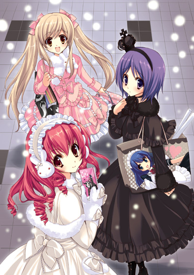 animal_earmuffs, bag, blonde_hair, blue_hair, blush, brown_eyes, bunny_earmuffs, crown