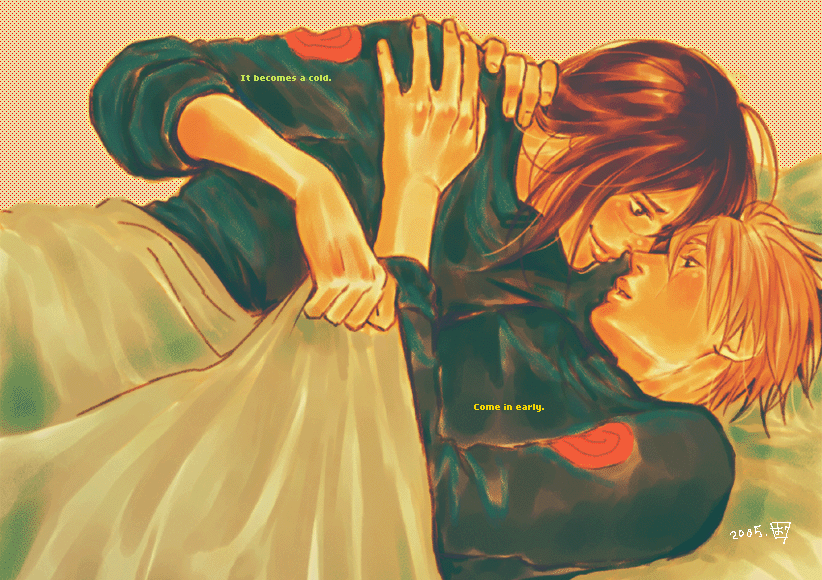 00s, 2005, 2boys, bed, blanket, blonde_hair, blush, brown_hair