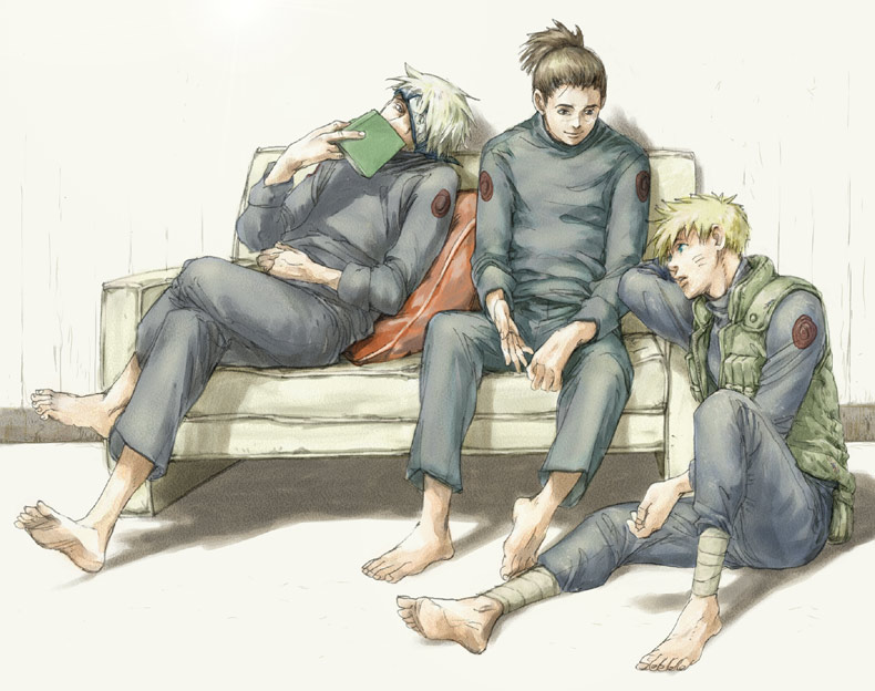 3boys, barefoot, blonde_hair, feet, hatake_kakashi, multiple_boys, naruto, noeen