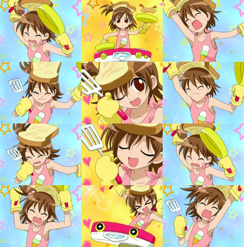 1girl, :d, :o, ;d, armpits, brown_eyes, brown_hair, closed_eyes