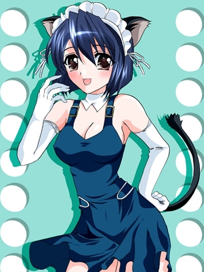 00s, 1girl, animal_ears, blue_hair, blush, bow, breasts, brown_eyes