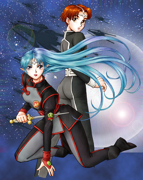 1boy, 1girl, all_fours, blue_hair, earrings, floating_hair, full_body, headband
