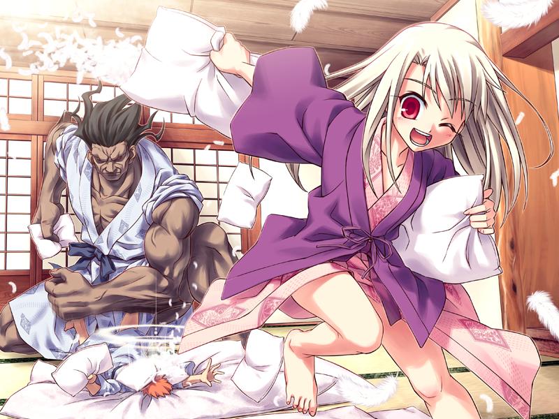 1girl, 2boys, barefoot, berserker, emiya_shirou, fate/hollow_ataraxia, fate/stay_night, fate_(series), feet, game_cg, hiroyama_hiroshi, illyasviel_von_einzbern, japanese_clothes, kimono, long_hair, multiple_boys, one_eye_closed, pillow, pillow_fight, red_eyes, toes, white_hair, wink, yukata